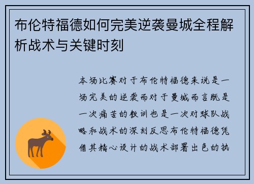 布伦特福德如何完美逆袭曼城全程解析战术与关键时刻 布伦特福德如何完美逆袭曼城全程解析战术与关键时刻
