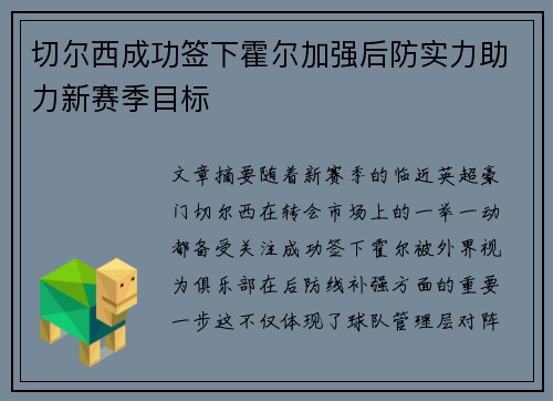 切尔西成功签下霍尔加强后防实力助力新赛季目标 切尔西成功签下霍尔加强后防实力助力新赛季目标